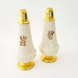 Vintage Gold & White Salt & Pepper Shakers Tall Gold Monogrammed Scroll & Footed
